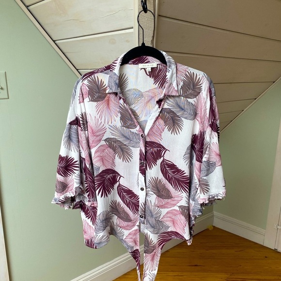 Skies Are Blue Tropical Palm Bat Wing Collared Ruffled Tie Top Size Large - Picture 2 of 14